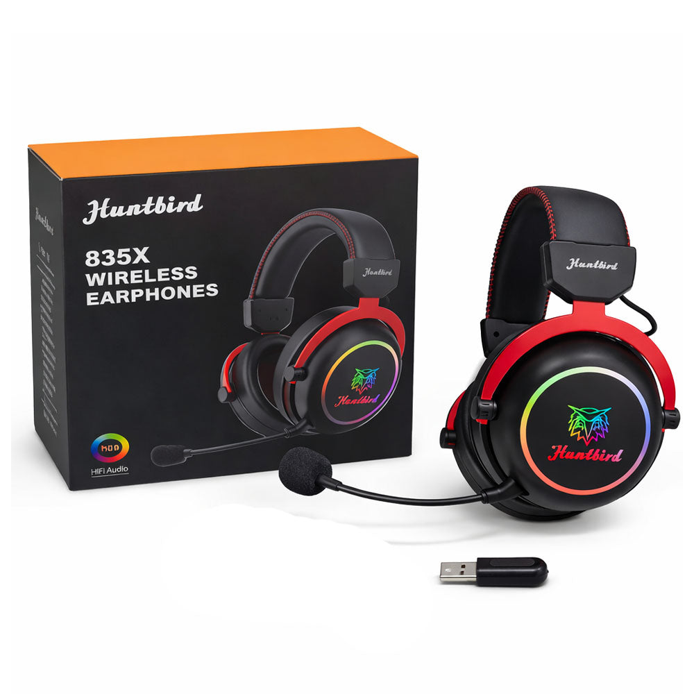 Huntbird 835X Wireless Gaming Headset with 2.4GHz Low-Latency USB Dongle and Built-in Mic.