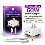 50W dual Type-C power adapter showing its sleek US two-pin flat plug layout, dual output Type-C interface nodes, and included high-speed Type-C to Lightning connecting cord