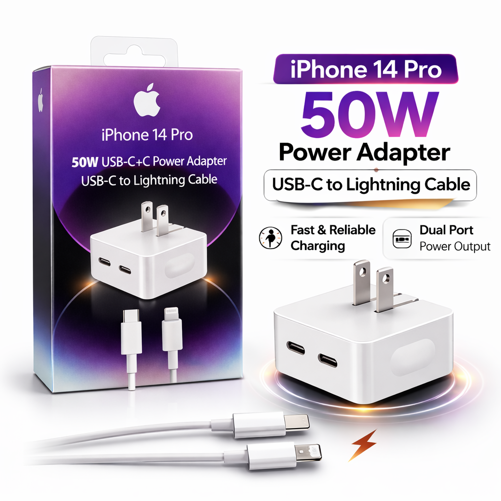 50W dual Type-C power adapter showing its sleek US two-pin flat plug layout, dual output Type-C interface nodes, and included high-speed Type-C to Lightning connecting cord