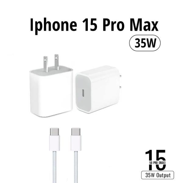 35W GaN USB-C power adapter showing its robust UK 3-pin plug configuration, high-speed Type-C port interface, and included 10FT Type-C connection cable