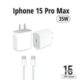 35W GaN USB-C power adapter showing its robust UK 3-pin plug configuration, high-speed Type-C port interface, and included 10FT Type-C connection cable