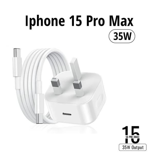 35W GaN USB-C power adapter showing its robust UK 3-pin plug configuration, high-speed Type-C port interface, and included 10FT Type-C connection cable