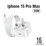 35W GaN USB-C power adapter showing its robust UK 3-pin plug configuration, high-speed Type-C port interface, and included 10FT Type-C connection cable