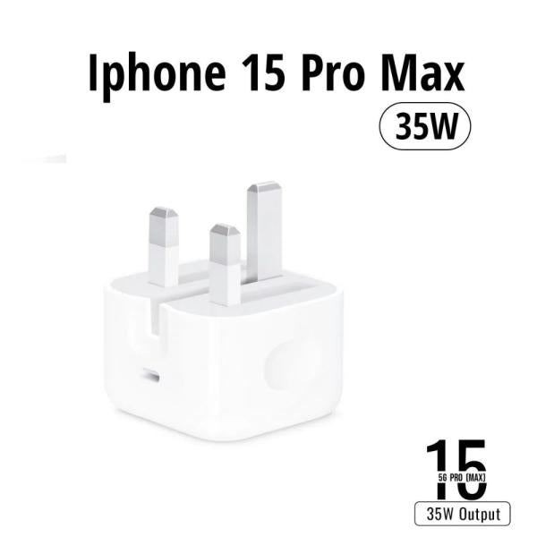 35W GaN USB-C power adapter showing its robust UK 3-pin plug configuration, high-speed Type-C port interface, and included 10FT Type-C connection cable