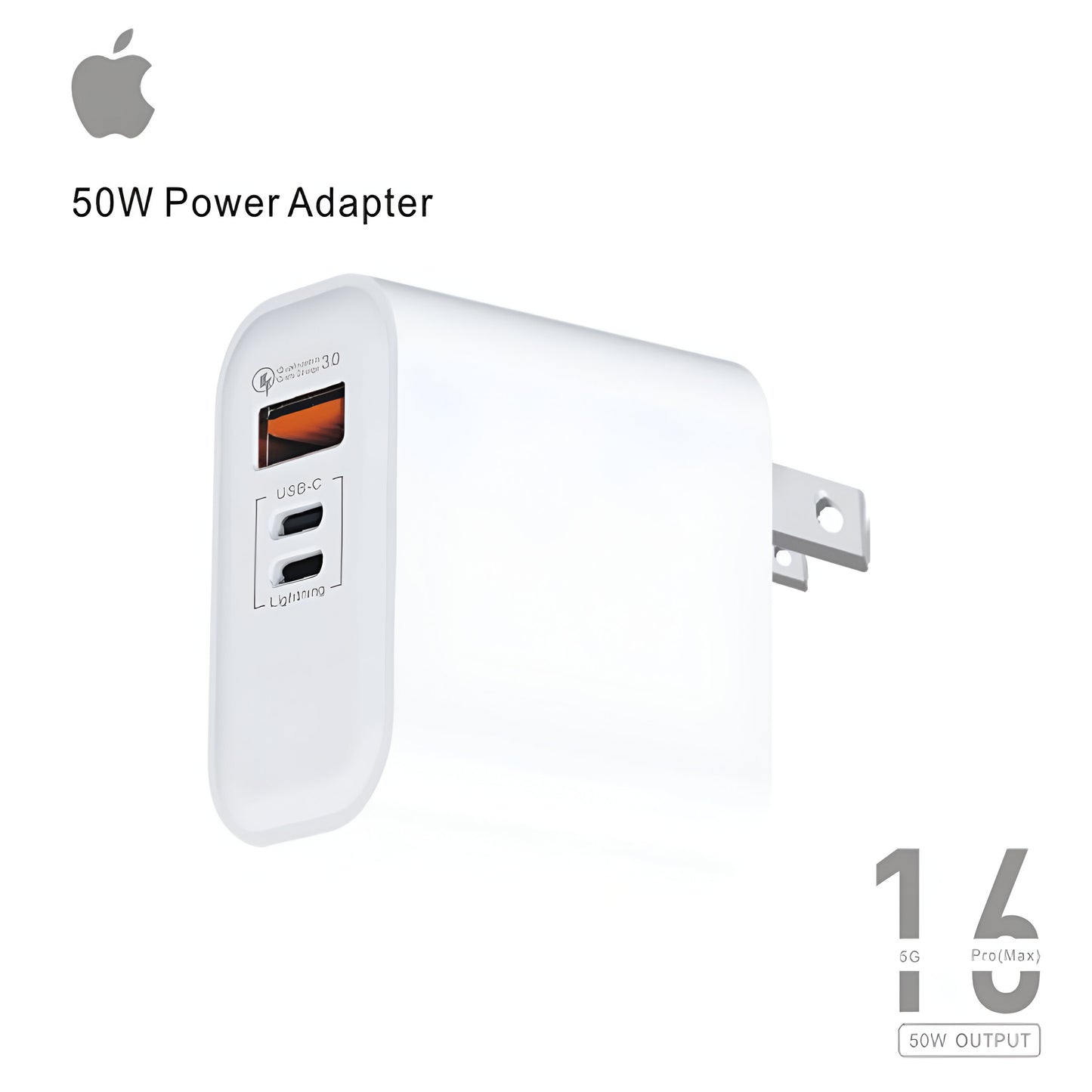 50W multi-port power adapter showing its triple output interface configuration including high-speed USB-C and auxiliary USB-A slots in a compact portable chassis