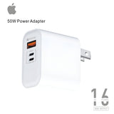 50W multi-port power adapter showing its triple output interface configuration including high-speed USB-C and auxiliary USB-A slots in a compact portable chassis