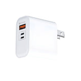 50W multi-port power adapter showing its triple output interface configuration including high-speed USB-C and auxiliary USB-A slots in a compact portable chassis