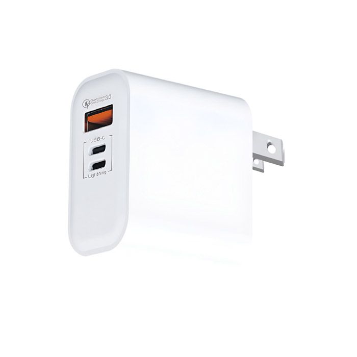 50W multi-port power adapter showing its triple output interface configuration including high-speed USB-C and auxiliary USB-A slots in a compact portable chassis