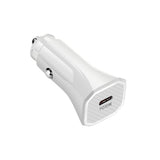 20W USB-C car charger adapter highlighting its ultra-compact single Type-C docking port, lightweight structural ABS casing, and integrated universal 12V-24V connection pins