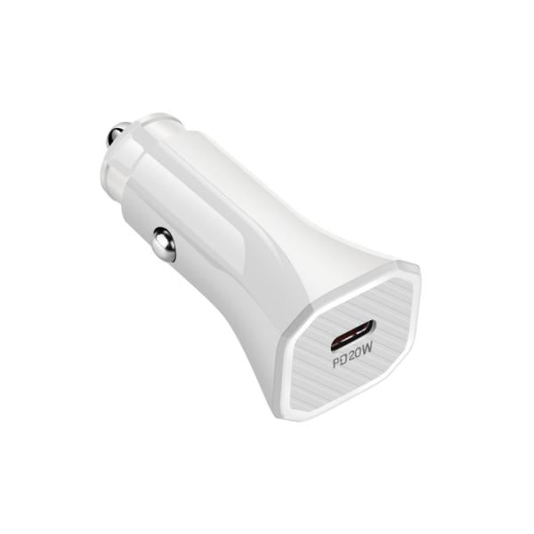 20W USB-C car charger adapter highlighting its ultra-compact single Type-C docking port, lightweight structural ABS casing, and integrated universal 12V-24V connection pins