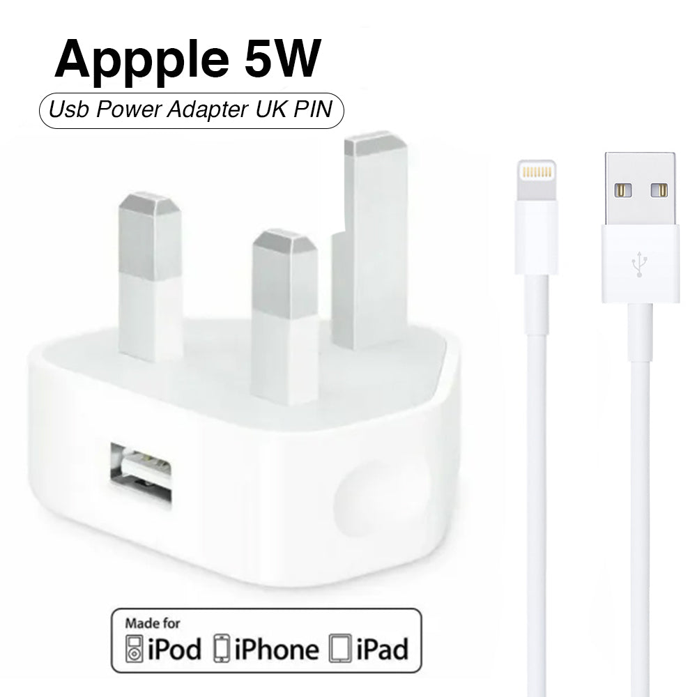Compact 5W USB-A wall power adapter block shown alongside its high-conductivity 1-meter Lightning to USB-A data synchronization and charging wire 