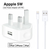Compact 5W USB-A wall power adapter block shown alongside its high-conductivity 1-meter Lightning to USB-A data synchronization and charging wire 
