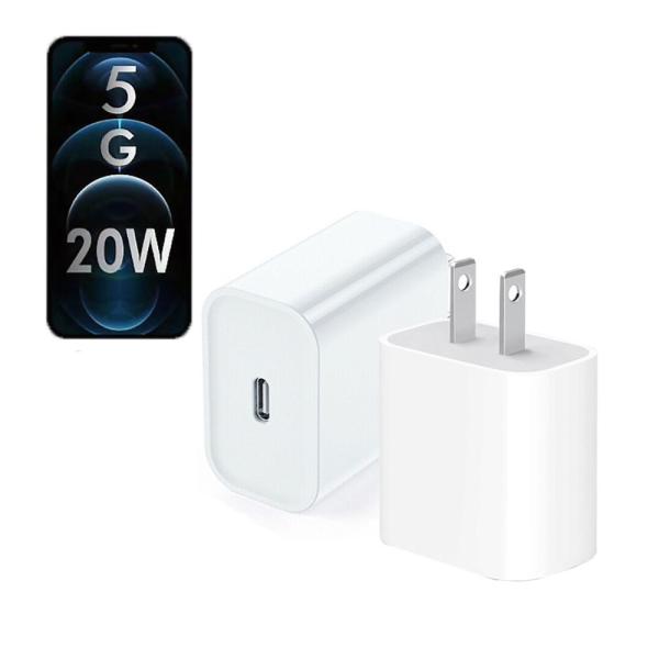 20W USB-C PD fast charging power adapter featuring a compact USA two-pin plug configuration and an included high-speed connectivity data cable