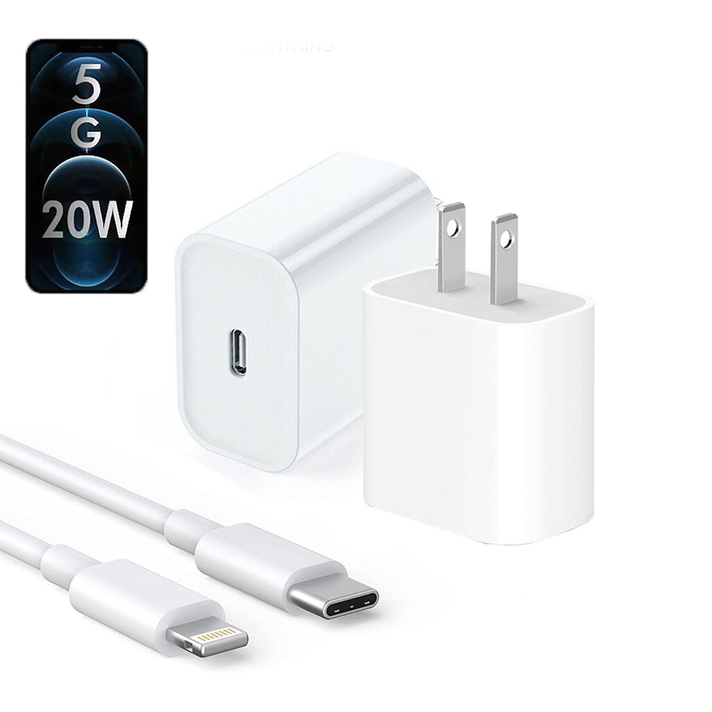 20W USB-C PD fast charging power adapter featuring a compact USA two-pin plug configuration and an included high-speed connectivity data cable