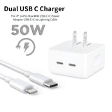 50W dual Type-C power adapter showing its sleek US two-pin flat plug layout, dual output Type-C interface nodes, and included high-speed Type-C to Lightning connecting cord.