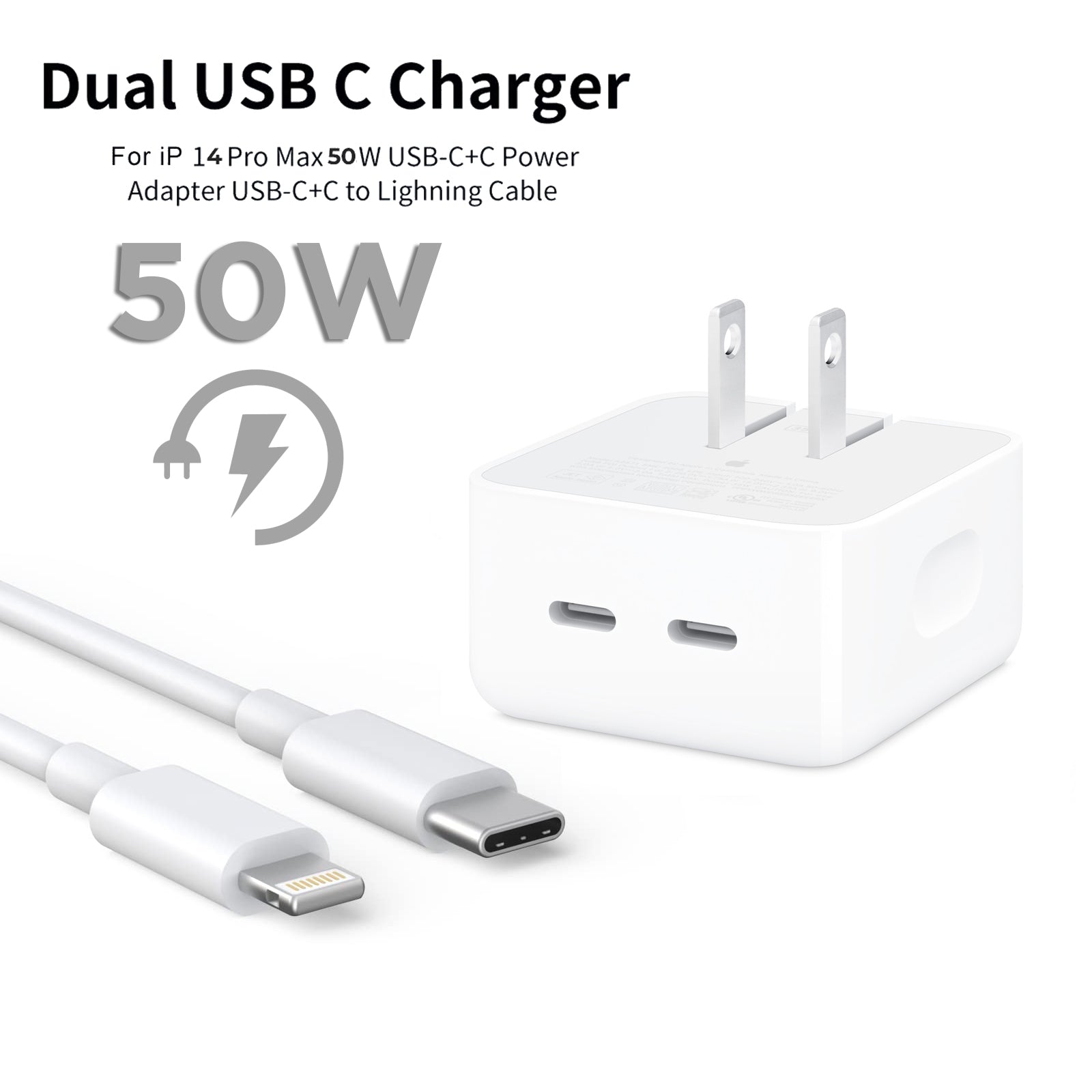 50W dual Type-C power adapter showing its sleek US two-pin flat plug layout, dual output Type-C interface nodes, and included high-speed Type-C to Lightning connecting cord.