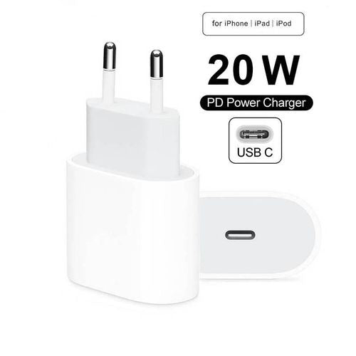20W USB-C PD fast charging power adapter featuring a compact USA two-pin plug configuration and an included high-speed connectivity data cable