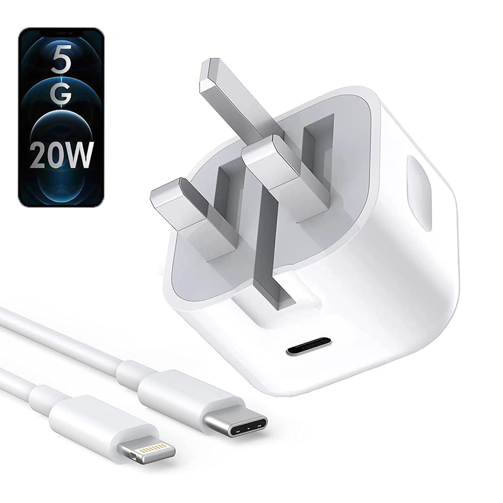 20W USB-C PD fast charging power adapter featuring a compact USA two-pin plug configuration and an included high-speed connectivity data cable
