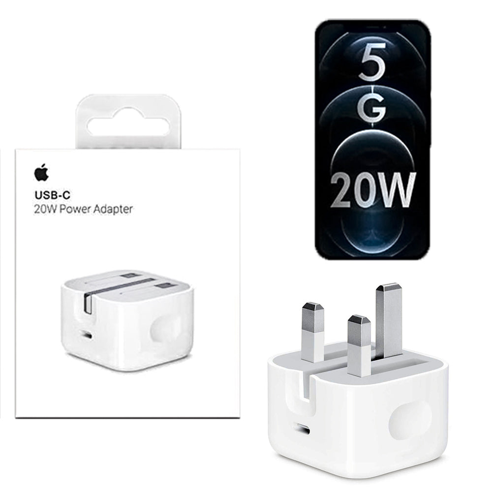 20W USB-C PD fast charging power adapter featuring a compact USA two-pin plug configuration and an included high-speed connectivity data cable