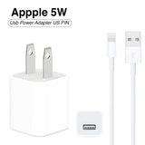 Compact 5W USB-A wall power adapter block shown alongside its high-conductivity 1-meter Lightning to USB-A data synchronization and charging wire