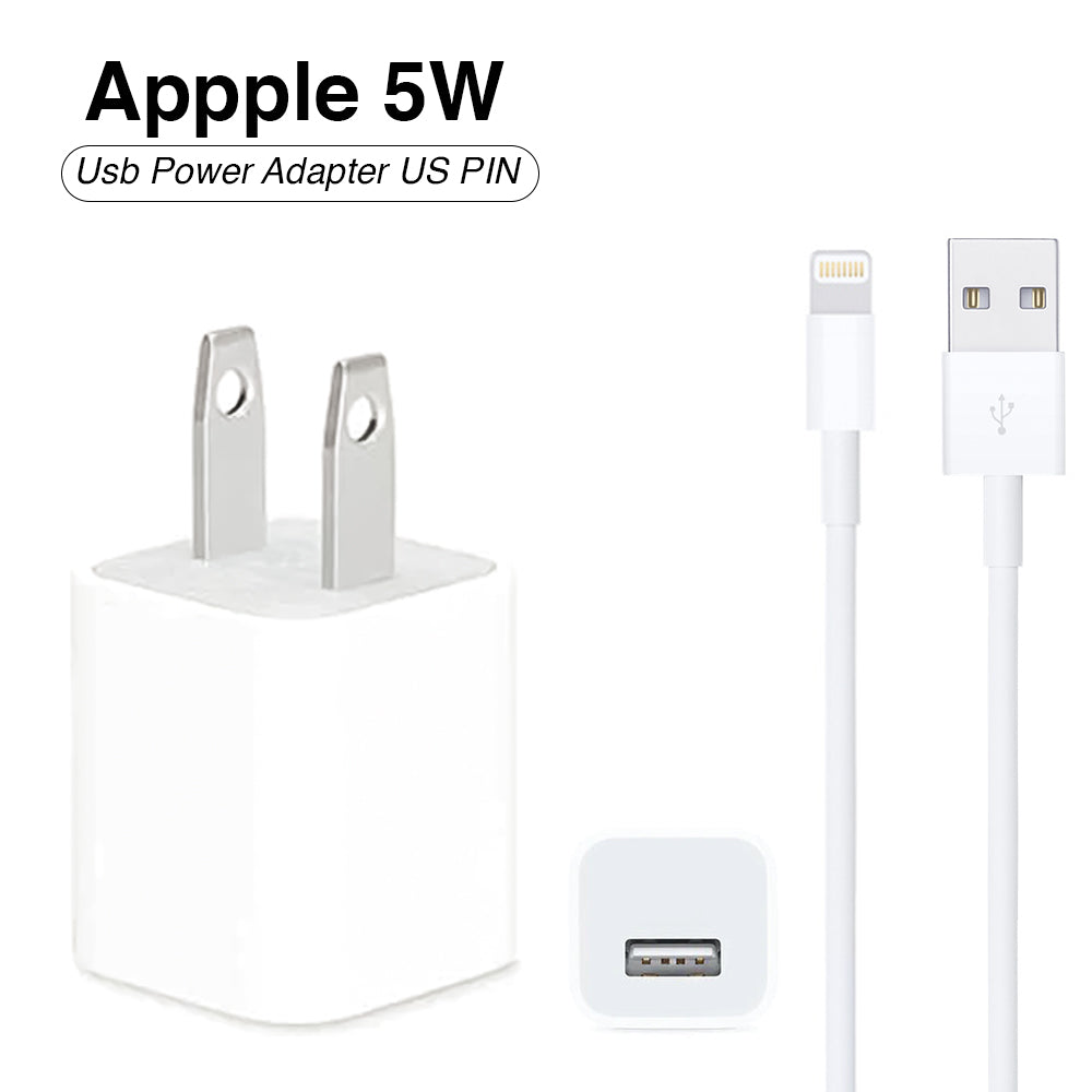 Compact 5W USB-A wall power adapter block shown alongside its high-conductivity 1-meter Lightning to USB-A data synchronization and charging wire