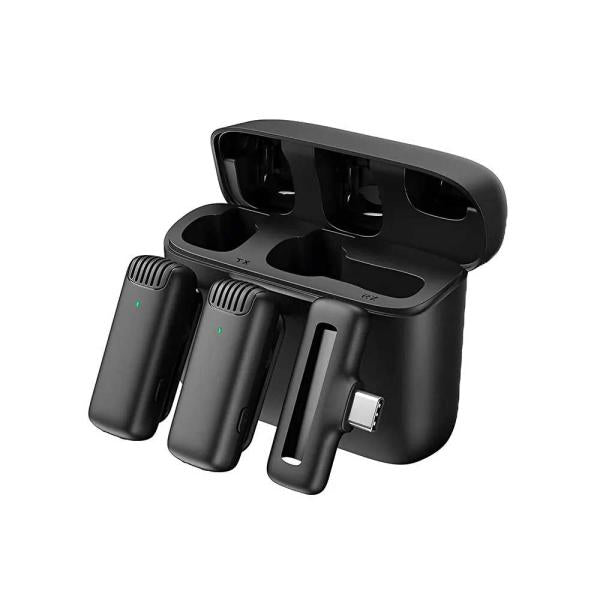 J13 Type-C dual wireless lavalier microphone system featuring two lapel mic transmitters, compact receiver link, and custom 300mAh charging box