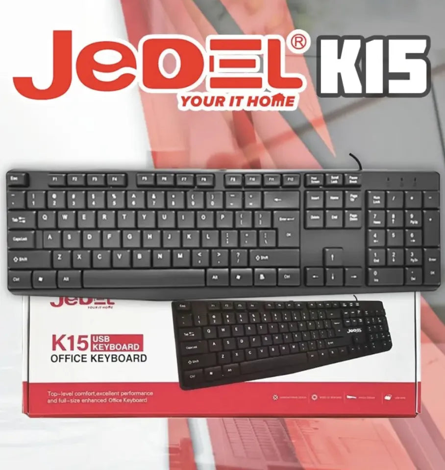 JEDEL K15 USB Wired Office Keyboard, featuring a durable build, reliable plug-and-play connectivity, and comfortable, responsive keys designed for high-efficiency typing in any office or home workspace