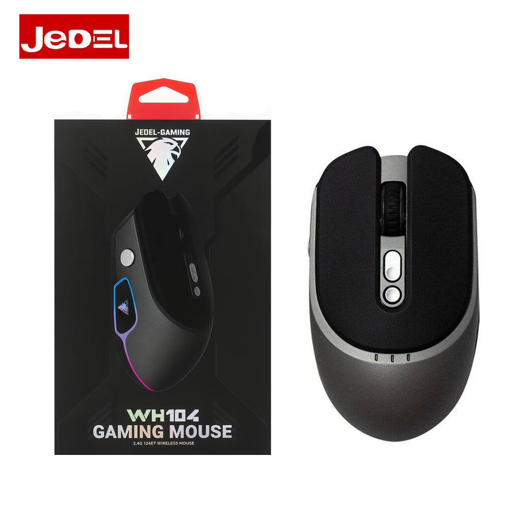 JEDEL WH104 Gaming Rechargeable Mouse in Gray, featuring dual-mode Bluetooth and 2.4GHz wireless connectivity, high-precision 3200 DPI sensitivity, and a long-lasting 500mAh battery for seamless gaming and multitasking