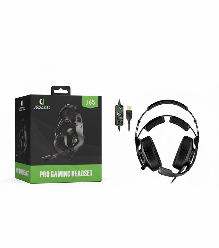 Jeecoo J65 USB 7.1 Gaming Headset, featuring immersive surround sound technology, an ergonomic over-ear design, and a noise-canceling microphone for clear communication and enhanced gaming performance