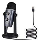 Jmary MC-PW10 professional USB microphone showing its integrated desktop stabilizer stand, 3.5mm headphone jack interface, and physical gain control knob