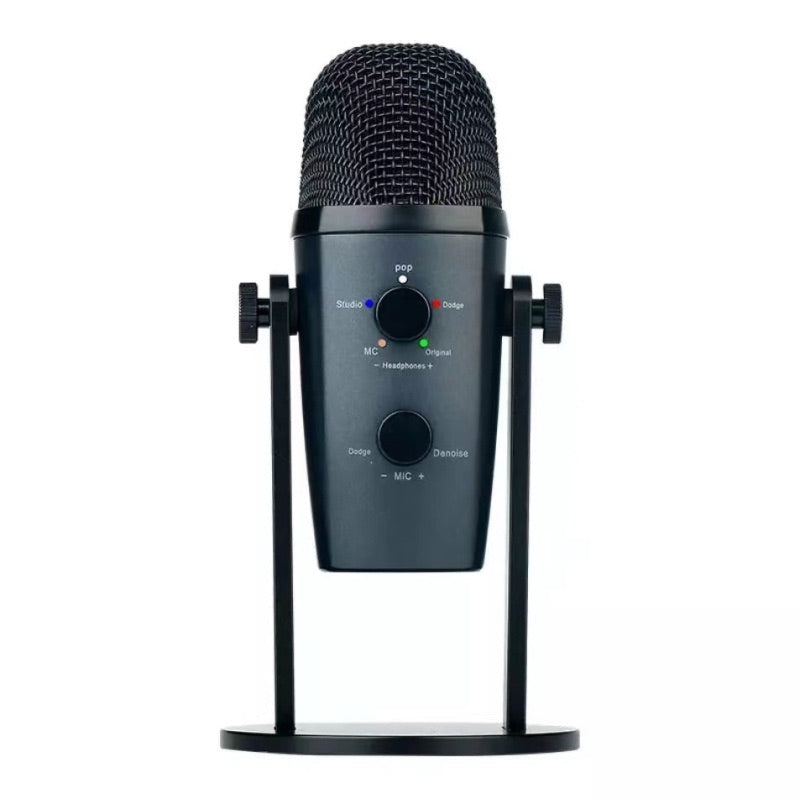 Jmary MC-PW10 professional USB microphone showing its integrated desktop stabilizer stand, 3.5mm headphone jack interface, and physical gain control knob