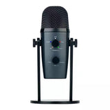 Jmary MC-PW10 professional USB microphone showing its integrated desktop stabilizer stand, 3.5mm headphone jack interface, and physical gain control knob