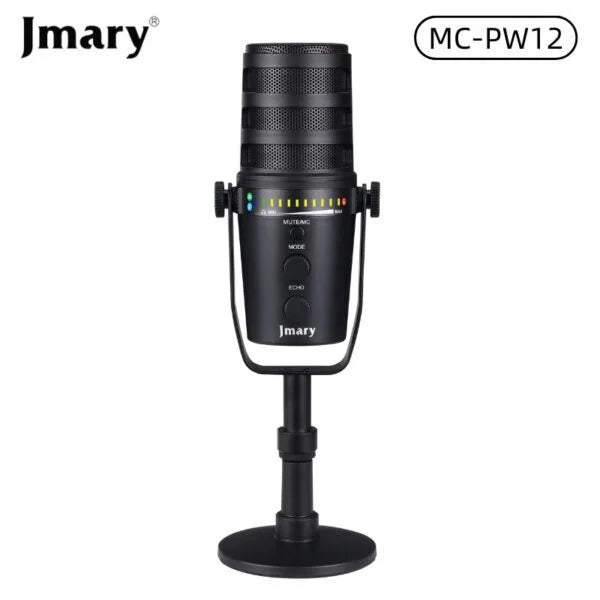 JMARY MC-PW12 USB Microphone featuring 360-degree rotation and zero-latency monitoring, providing clear, high-quality audio capture for desktop gaming, streaming, and professional voice recording