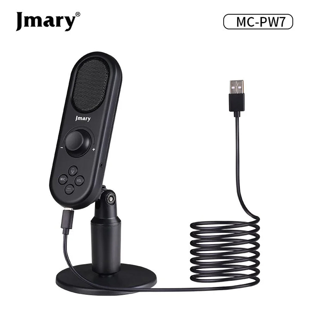 Jmary MC-PW7 professional USB microphone showing its desktop stabilizer stand, detachable pop filter, built-in gain control knob, and headphone jack interface