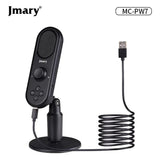 Jmary MC-PW7 professional USB microphone showing its desktop stabilizer stand, detachable pop filter, built-in gain control knob, and headphone jack interface