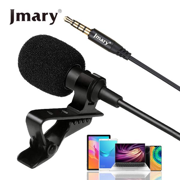 Jmary MC-R1 professional 3.5mm lavalier microphone featuring an omni-directional condenser core, 2-meter TPE noise shielded cable, and lapel clip
