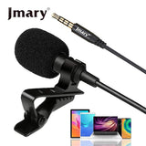 Jmary MC-R1 professional 3.5mm lavalier microphone featuring an omni-directional condenser core, 2-meter TPE noise shielded cable, and lapel clip