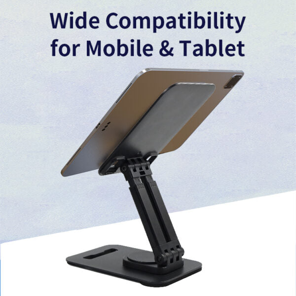 Jmary MK-62 360° Rotation Foldable Desktop Mobile Holder, featuring wide device compatibility, fully adjustable viewing angles, and a compact, foldable design for stable and convenient hands-free use