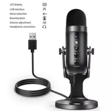 Jmary MC-PW7 professional USB microphone showing its desktop stabilizer stand, detachable pop filter, built-in gain control knob, and headphone jack interface