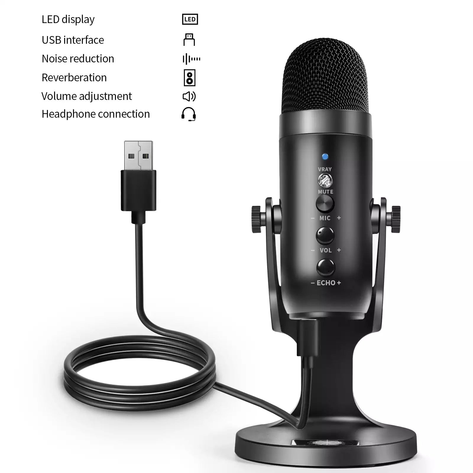 Jmary MC-PW7 professional USB microphone showing its desktop stabilizer stand, detachable pop filter, built-in gain control knob, and headphone jack interface