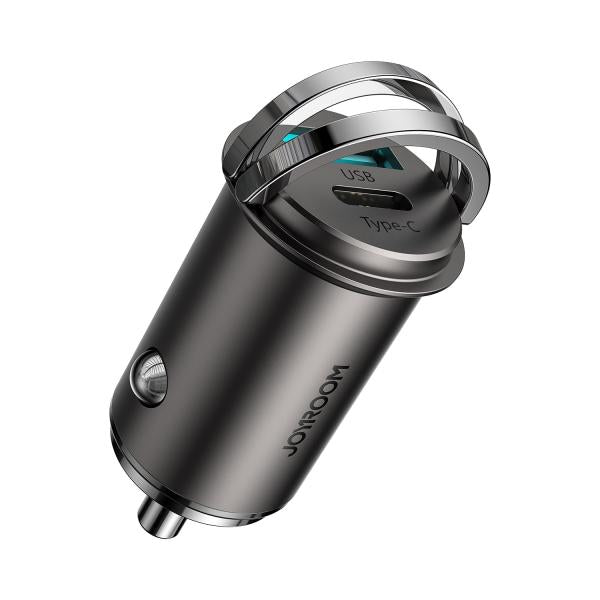 Joyroom C-A35 45W mini dual-port car charger showing its flush-fit hidden design, fold-out mechanical ring-pull clip, and USB + Type-C ports