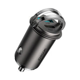 Joyroom C-A35 45W mini dual-port car charger showing its flush-fit hidden design, fold-out mechanical ring-pull clip, and USB + Type-C ports