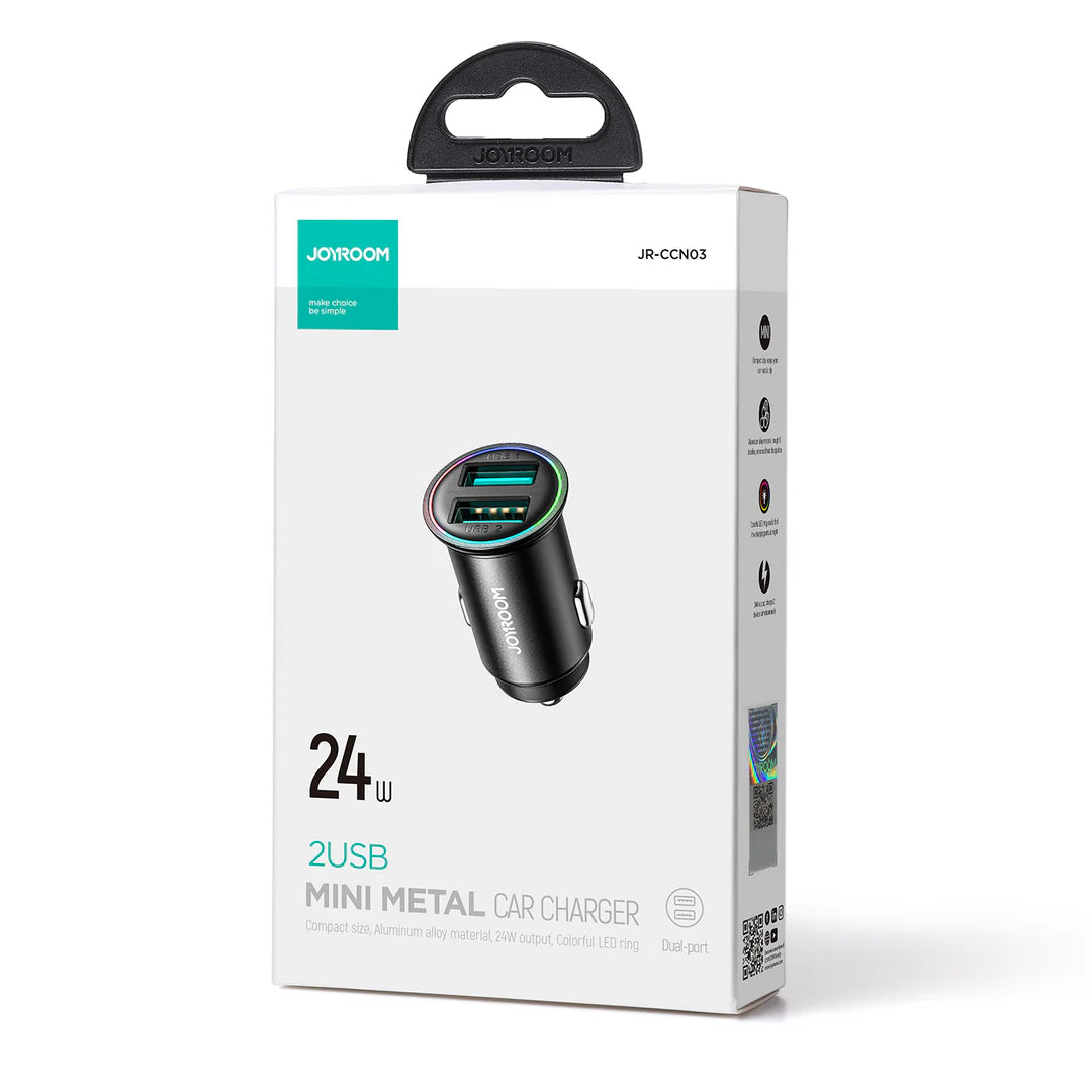 JOYROOM JR-CCN03 2USB 24W Mini Metal Car Charger, featuring a durable, compact metal design and dual-port charging capabilities for efficient power on the go
