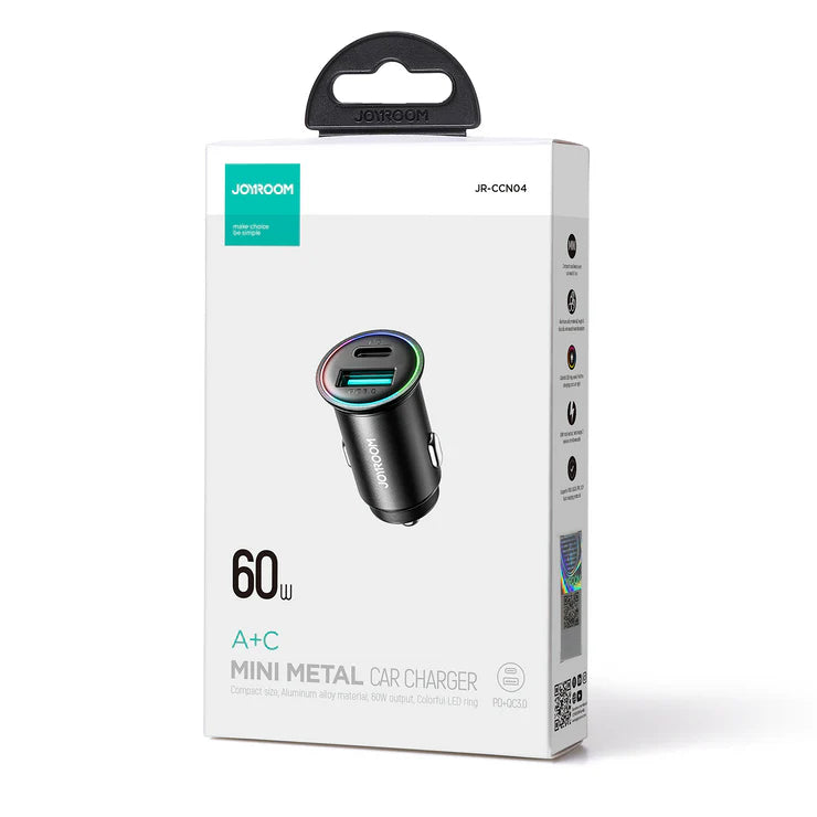 JOYROOM JR-CCN04 60W A+C Mini Metal Car Charger, featuring a durable, compact metal design and dual-port fast charging for efficient power on the go