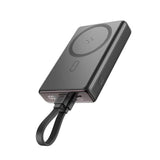 Joyroom JR-PBM01 20W wireless power bank featuring 10000mAh capacity, integrated detachable cable, foldable kickstand, and digital battery display