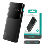 Joyroom JR-QP191 black 10000mAh power bank with 22.5W fast charging, LED battery display, and triple USB ports