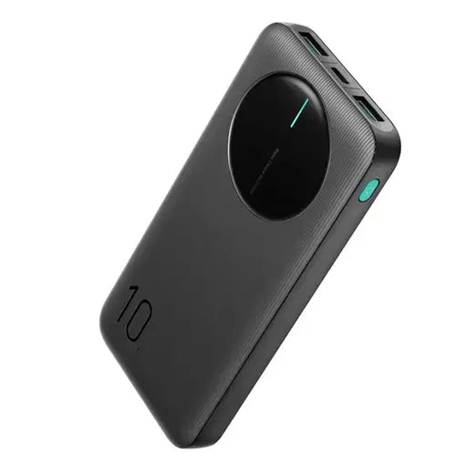 Joyroom JR-T012 10000mAh power bank featuring dual USB output ports, Type-C and Micro inputs, and a 4-level LED battery indicator