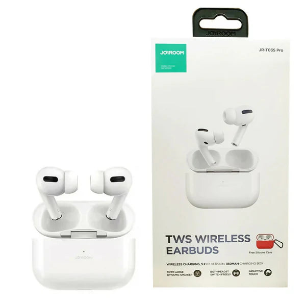 Joyroom JR-T03S Pro (NX3) wireless earbuds in white with 13mm speakers and a thin red protective case