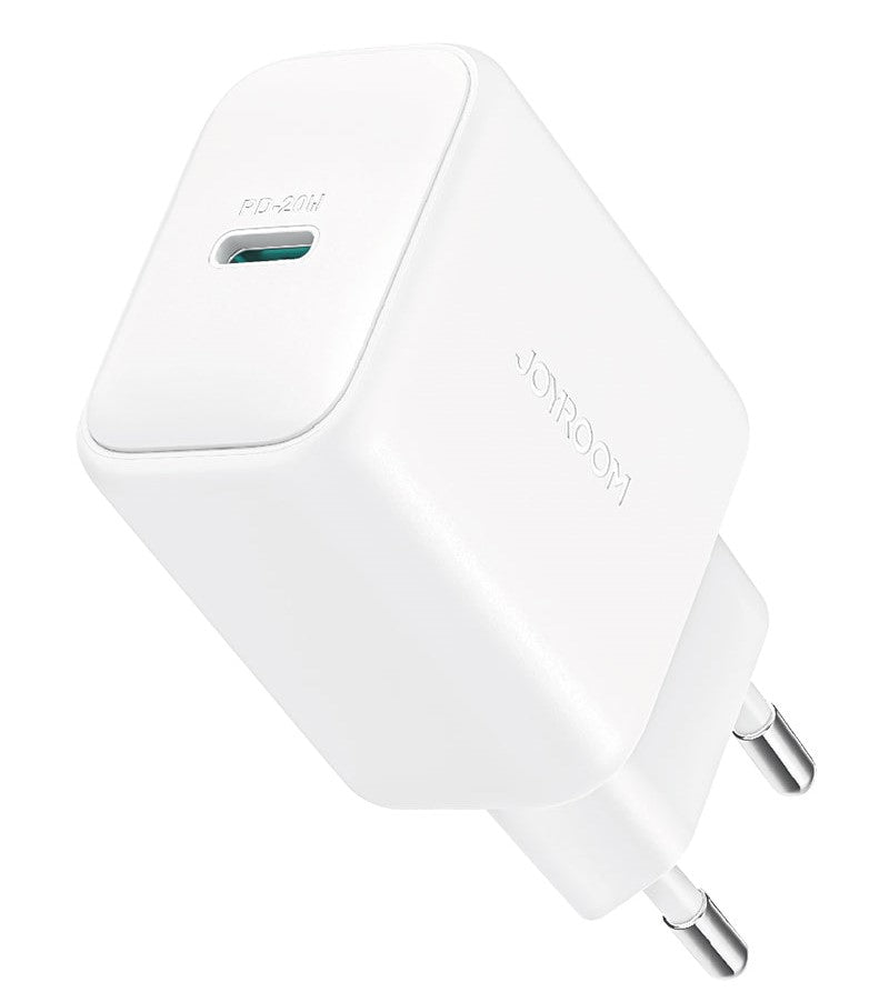 JOYROOM JR-TCF20 PD 20W Charger White (EU Version) paired with a 1M Type-C to Type-C cable, designed for fast and safe power delivery to your devices