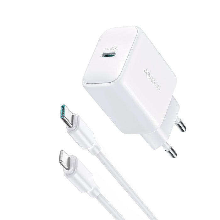 Joyroom JR-TCF20 UK plug 20W PD fast charger wall adapter displaying its compact three-pin layout, single high-output USB Type-C port configuration, and fireproof PC chassis design
